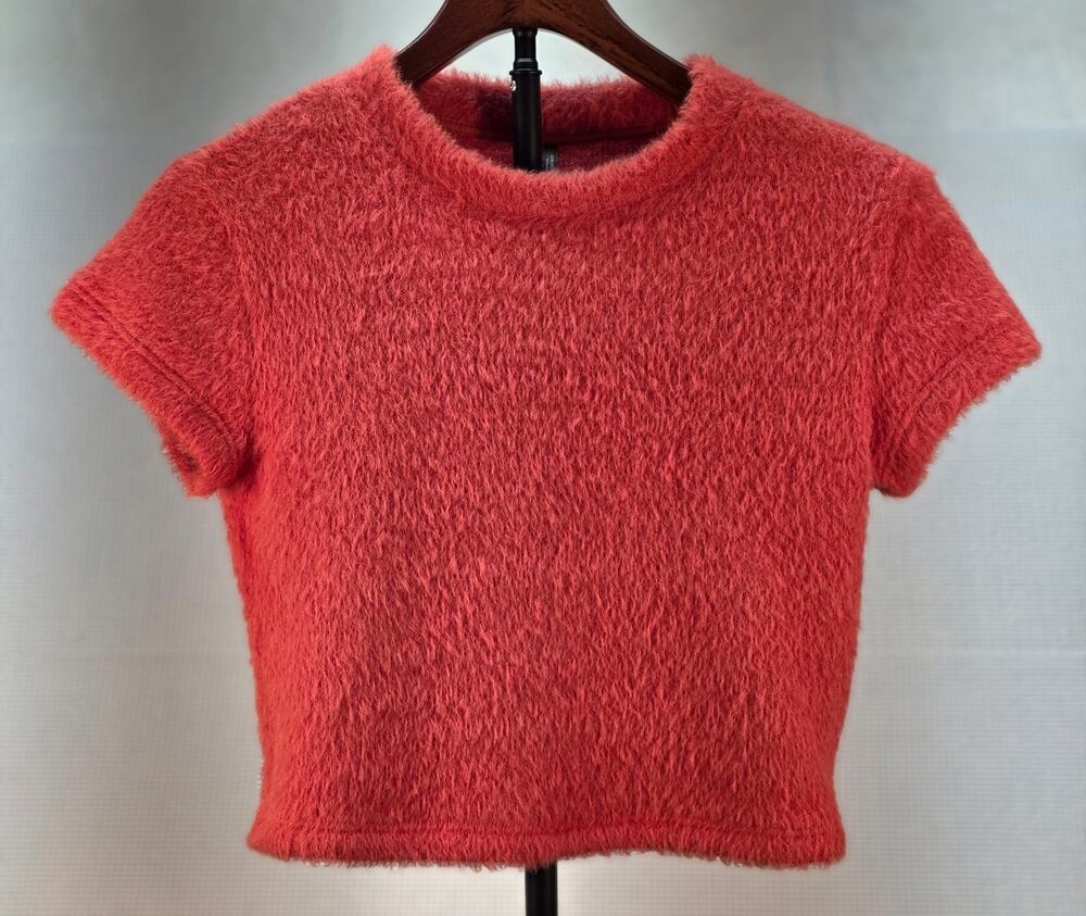 Anthropologie Fuzzy Short Sleeve Crop Sweater Rust Red Orange XS Cozycore Y2K